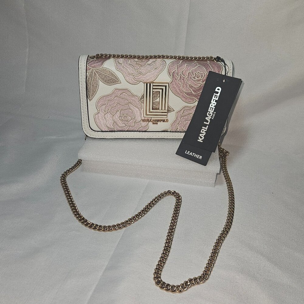 NWT KARL LAGERFELD PARIS Women's Kosette Embroidered Leather Shoulder Bag NWT Ka